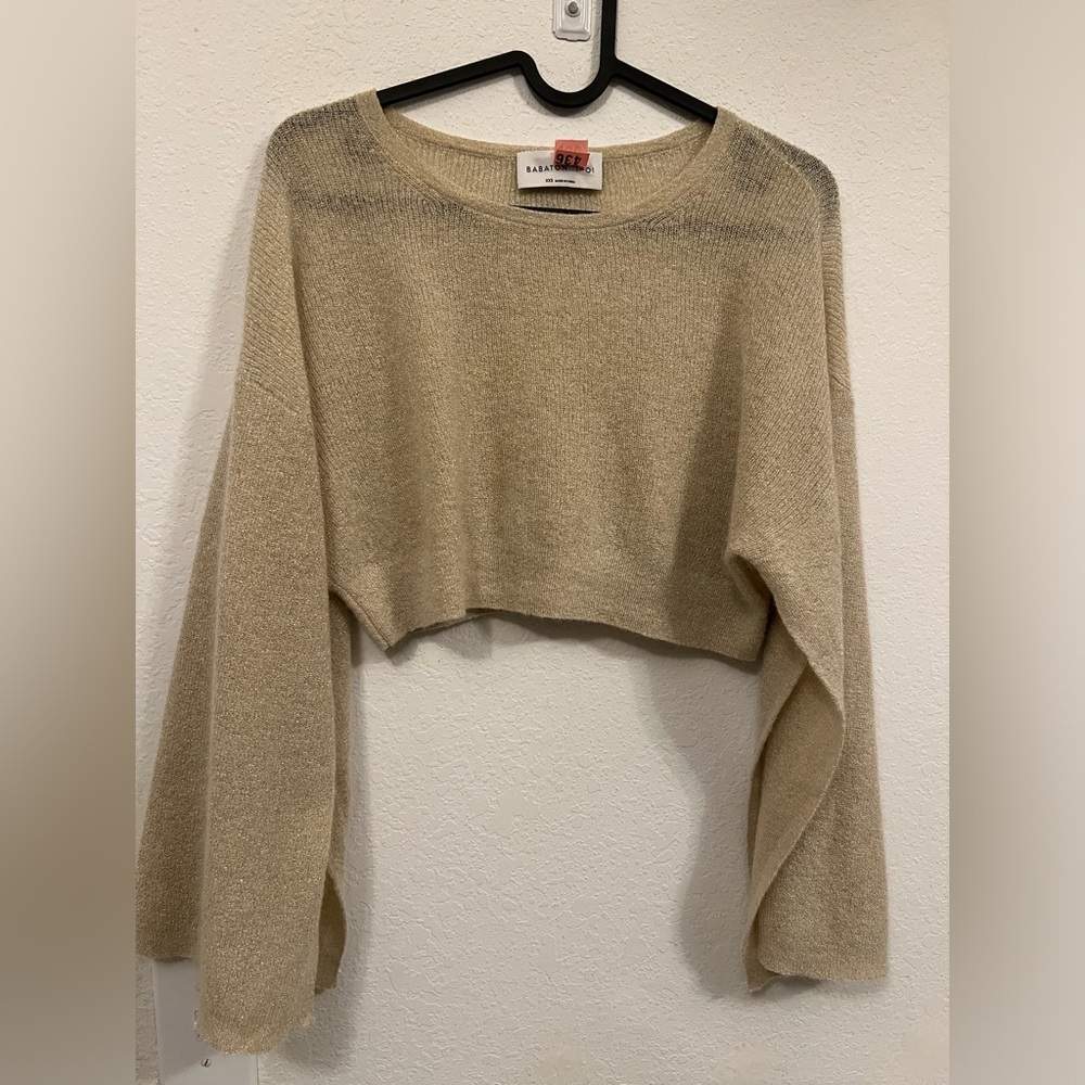 Babaton Beige Knit cropped open sleeve sweater